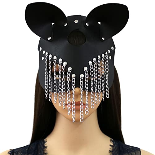 Cosplay Bunnymaske PU Leder Katze Kätzchen Maske Maskerade Halbgesichtsmaske Kätzchen Ledermaske Make-Up Party Kostüm Zubehör für Halloween Fasching Ostern Karneval Party Christmas (Schwarz mit Kette) von NICEYEA