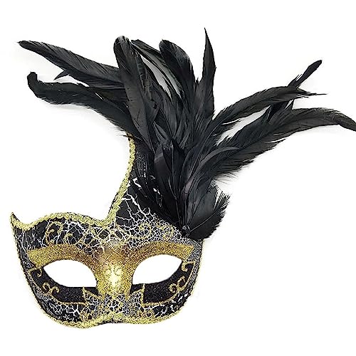 Damen Federmaske Venezianische Halloween Karneval Kostüme Party Ball Abschlussball Maske Frauen Feder Maskerade Maske Cosplay Augenmaske Gesichtsmaske mit Glitzer und Federn (Gold Schwarz, one size) von NICEYEA