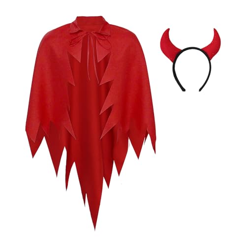 NICEYEA 2 Stück Halloween Dämon Vampir Rot Umhang Horn Stirnband Kostüm Set für Erwachsene Cosplay Party Verkleidung Kostüm Zubehör von NICEYEA