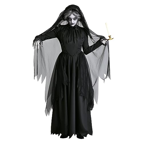 NICEYEA Halloween Kostüm Damen Schwarze Geisterbraut, Fasching Kostüm Böse Königin Umhang Abendkleid,Damen Hexen Robe Kostüm,Horror Vampir Lange Kleid mit Kapuze, Damen Horror Braut von NICEYEA