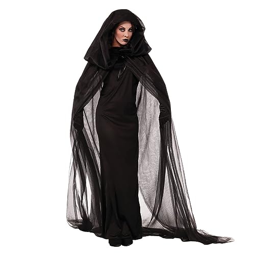 NICEYEA Halloween Kostüm Damen Schwarze Geisterbraut, Fasching Kostüm Böse Königin Umhang Abendkleid,Damen Hexen Robe Kostüm,Horror Vampir Lange Kleid mit Kapuze, Damen Horror Braut von NICEYEA