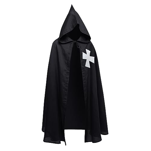 NICEYEA Mittelalter Ritter Umhang mit Kapuze Kostüm Tempelritter Kreuzritter Umhang Fasching Cospaly LARP Tempel Hospitaller Mantel Cloak mit Kreuz，Verkleidung Damen Herren von NICEYEA