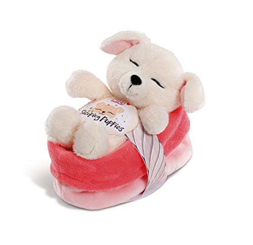 NICI 45370 Kuscheltier Sleeping Puppies Hund 12cm, Creme, Flauschiges Plüschtier im rot-rosanen Körbchen, süßes Stofftier für Kinder und Kuscheltierliebhaber, beige/pink von NICI