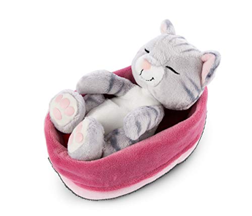 NICI 47144 Kuscheltier pink-lilanem Körbchen 16 cm – Sleeping Kitties Plüschtier Mädchen, Jungen & Babys – Stofftier Katze zum Kuscheln, Spielen & Schlafen – Gemütliches Schmusetier, Grau von NICI