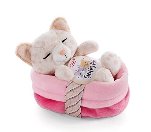 NICI 47892 Kuscheltier Körbchen 12 cm – Sleeping Pets Plüschtier Leopardenmuster für Mädchen, Jungen & Babys – Stofftier Katze zum Kuscheln, Spielen & Schlafen – Gemütliches Schmusetier, beige von NICI