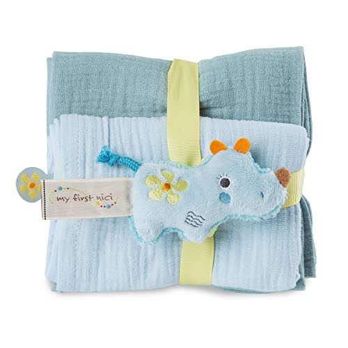 NICI Set Nashorn Manuffi: 2X weiches Mulltuch 60x60 cm + 1x Flauschiger Baby-Greifling 9 cm – Schmusetücher & Baby-Kuscheltier ab 0+ Monaten – Schnuffeltuch/Schmusetier für Mädchen & Jungen, 48046 von NICI