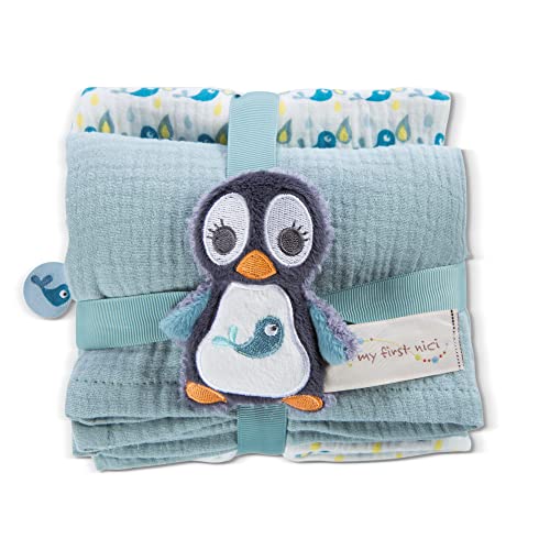 NICI Set Pinguin Watschili: 2X weiches Mulltuch 60x60 cm + 1x Flauschiger Baby-Greifling 10 cm–Schmusetücher & Baby-Kuscheltier ab 0+ Monaten–Schnuffeltuch/Schmusetier für Mädchen & Jungen, 48048 von NICI