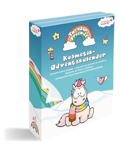 NICI Einhorn Adventskalender 2024 Theodor & Friends Kosmetik blau - Kosmetik Kalender für Adventszeit für Mädchen ab 3 Jahren: Weihnachtskalender für Kinder mit Schminke & Schmuck - 61336 von NICI