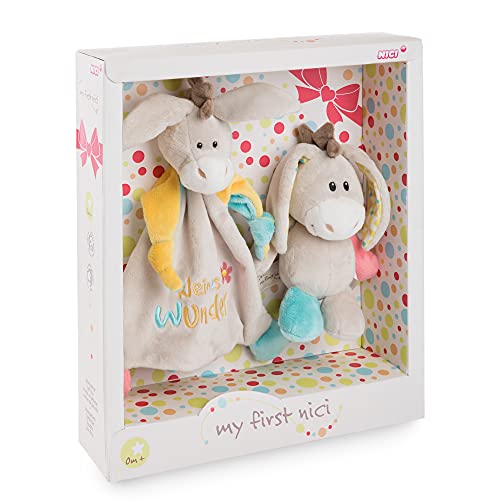 NICI Geschenkset für Babys & Kleinkinder – Schmusetuch & Schmusetier Esel Muli 18cm Kleines Wunder in toller Geschenkbox (25x25 cm) Baby Geschenke ab 0+ Monaten – Kuscheltier und Kuscheltuch von NICI