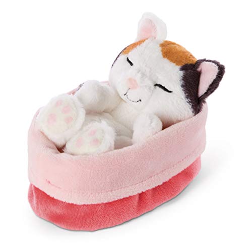 NICI Kuscheltier Sleeping Kitties Katze 12cm, Creme, im rot-rosanen Körbchen von NICI