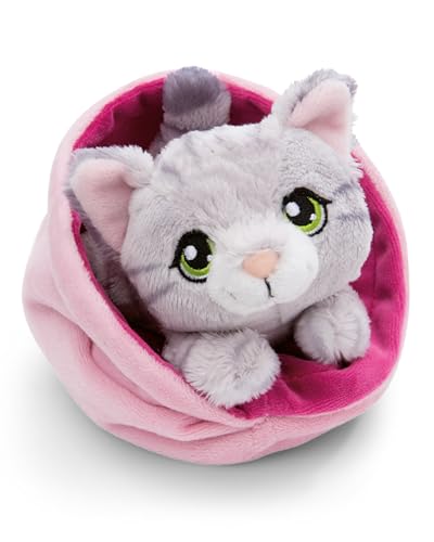 NICI Little Paws Kuscheltier Katze 12cm grau getigert im pinken Körbchen - Flauschiges Stofftier, Plüschtier zum Kuscheln, Spielen und Liebhaben - 61331 von NICI