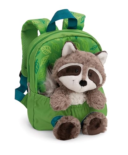 NICI Rucksack mit Plüschtier 21x26cm Waschbär 25cm-grün-Abnehmbarer Pluschspielzeug Weich Flauschig, Kindergartenrucksack mit Kuscheltier für Jungen und Mädchen | 61745 von NICI