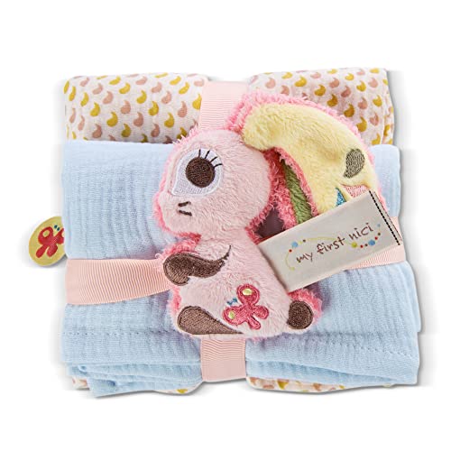 NICI Set Hase Hopsali: 2X weiches Mulltuch 60x60 cm + 1x Flauschiger Baby-Greifling 10 cm Schmusetücher & Baby-Kuscheltier ab 0+ Monaten Schnuffeltuch/Schmusetier für Mädchen & Jungen, 48047 von NICI