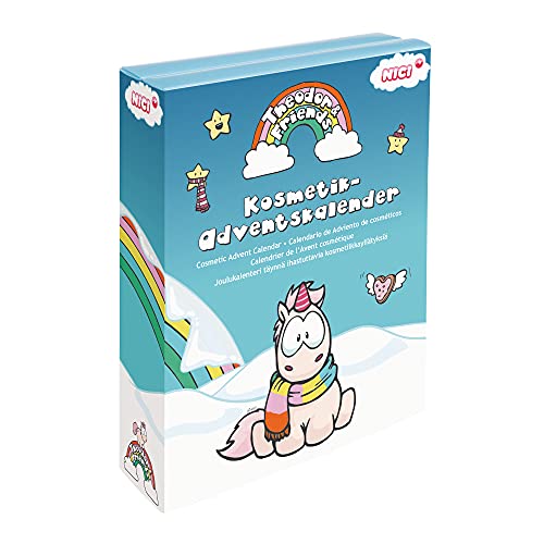 Nici Winterzauber, 21,5 x 26,7 x 6,5 cm 42358 Kosmetik Theodor and Friends – Einhorn Mädchen ab 3 Jahren – Weihnachtskalender Kinder – Schmink & Schmuck Adventskalender mit tollen Geschenken von NICI