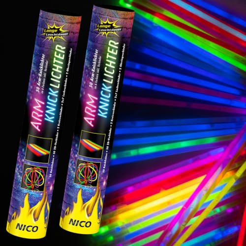 Nico Europe® Armknicklichter 100 Stück inkl. 112 Verbinder – Knicklichter Armbänder für Partys, Silvester, Festivals & Co – Leuchtstäbchen in bunten Neon-Farben… von NICO Feuerwerk