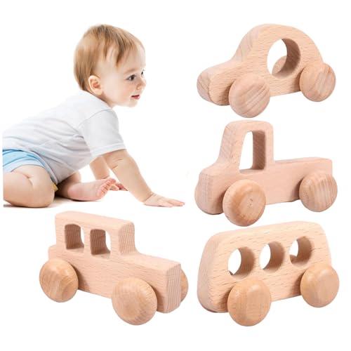 NIDONE 4pcs Holzspielzeugautos für Babys sensorische Greifmotorkenntnisse Baby Spielzeug süße Glatte leichte umweltfreundliche Push-Holzautos für Jungen Mädchen Kleinkinder, Holzautos von NIDONE