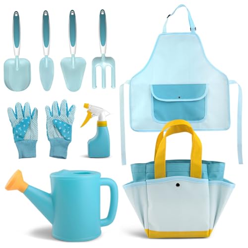 9pcs/Set Kids Gardening Tools Safe & Fun Kids Gardening Set mit Rake, Gabel, Schaufel, Bewässerung, Schürze, Handschuhen und Taschen tragbares DIY -Kleinkind -Gartenset für Geschenke im Freien, von NIDONE