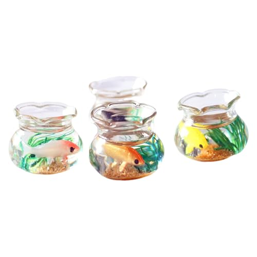 Dollhouse Fish Tank 4pcs 1/12 Skala Runde Mini -Fischschalen mit Koi -Fisch, Sand- und Meeresgras in künstlichen realistischen Puppenhausminiaturen für DIY -Szene, zufällige Farbe, Puppenhauszubehör von NIDONE