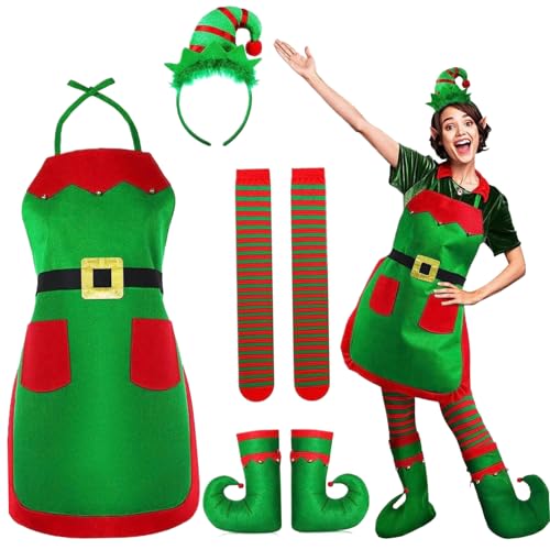 Elf Kostüm für Frauen 1 Set niedes klassisches Elf -Kostüm für Frauen umfasst Hutstirnband, Strümpfe, Schuhe und Schürze Velvet Elf Kostüm mit Bell -Charme für Weihnachten, Halloween, Mädchen Elf Kos von NIDONE