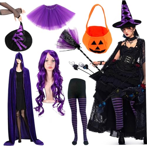 Hexenkostüm Frauen Witch Kostüm, lustige gotische Hexenkostüminnen gehören Perücken, Hexenhut, Umhang, Besen, Hexenschuhe, gestreifte Strümpfe und Hexenkleid für Frauen Girl Cosplay Party Kostümzubeh von NIDONE