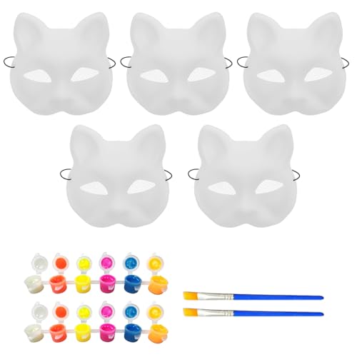 NIDONE 1 Set Cat Mask & Glow in the Dark Paint, enthält 5 Katzenmasken -Therian mit Augennetz und 2 Streifen Neonfarbe und 2 Pinselpinsel, Halloween -Masken -DIY -Kit für Maskerade -Cosplay von NIDONE