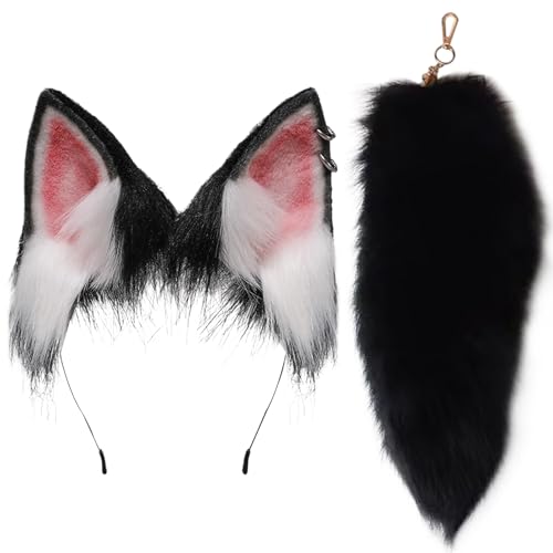 NIDONE Fox Ohr -Ohr -Fuchs -Ohr und Schwanz Set pelzige realistische künstliche niedliche Fuchsschwanz und Ohren dekorativ schwarzweiß Fuchs Kostüm für Cosplay -Party von NIDONE