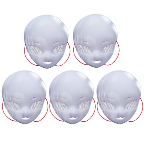 NIDONE Katzenmaske weiße Maske, 5pcs Vollgesichts -Fursuit -Maske mit Mesh Big Eye, DIY, um leere Maske zu malen, Plastik -Therian -Maske mit rotem Seil für Maskerade, Halloween -Party, Tanzpartys von NIDONE