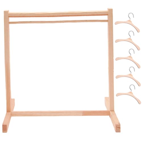 NIDONE Puppenkleidung Aufbewahrung mit 5 Puppenkleiderbügel, 12 x 12 x 7 realistische Holzpuppenkleidungsständer Mini-Puppenhausmöbel für Puppenzimmer müssen Zubehör, Puppenkleidung Kleiderbügel von NIDONE