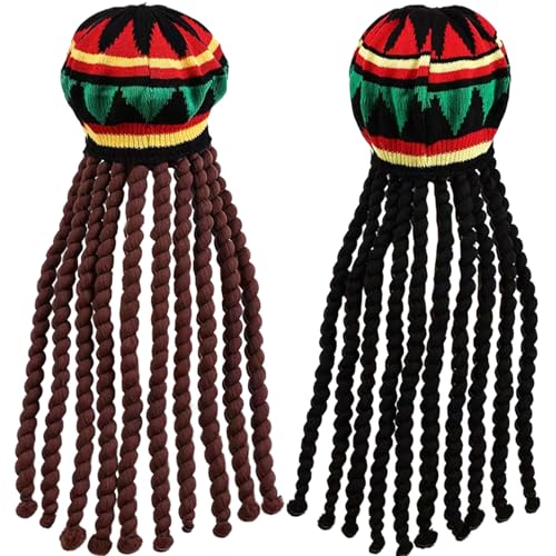 NIDONE Rasta -Hut mit Dreadlocks 2 PCs Jamaikaner Hut traditioneller gestrickter weicher Rasta -Hut mit 18 in langen schwarzen und braunen Dreadlocks farbenfrohe komfortable elastische, lustige Dr von NIDONE