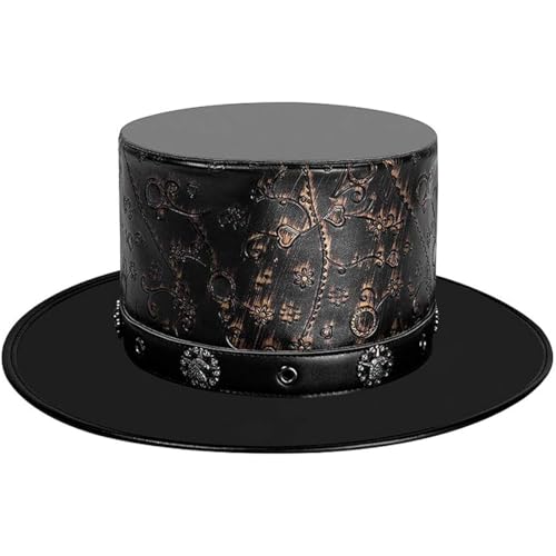 NIDONE Steampunk -Hut, PU Leder Flat Top Hut, Vintage Steampunk Top Hut, Top -Hüte für Männer Kostüme Requisiten Cosplay -Party, Leder -Top -Hut, Steampunk -Top -Hut von NIDONE