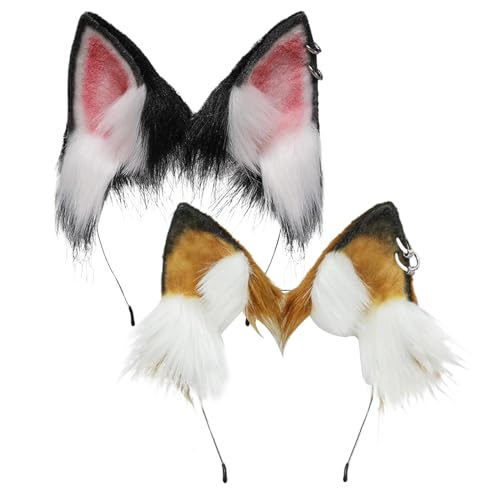 NIDONE Wolf Ears Fuchsohr, 8,7 x 7,5 Zoll weiche pelzige Ohren, tragbare Kunstfell -Therian -Ohren, verstellbare Wolf -Katze -Ohren -Stirnband für Party -Cosplay -Kostümzubehör, Schwarz Weiß von NIDONE