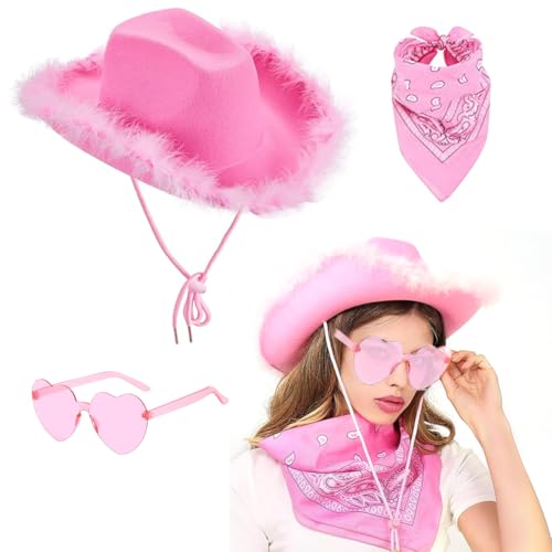 Cowboy Hut Damen 3 Stück Cowgirl Hut Filz Cowboyhut mit Herzbrille Rosa Federschal Damen Cowboy Hut Cowgirl Kostüm Accessoires Wilder Westen Kostü Westernhut für Party Cosplay Karnevalsfeiertage von NIEEKRUN