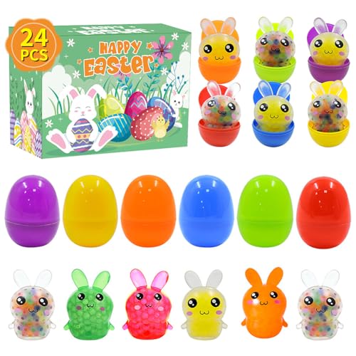 Gefüllte Ostereier mit Bunny 24PCS Überraschung Eier Ostergeschenke Bunny Stress Bunte Wasser Perlen im Inneren für Ostern Partyzubehör, Osterkorb Füllstoffe, Osterparty Geschenke für Kinder von NIEEKRUN