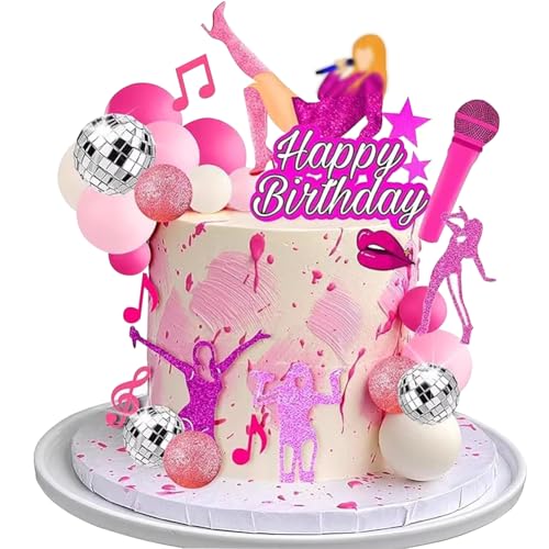 Musik Sänger Tortendeko 26PCS Rosa Kuchen Dekorationen mit Musik Superstar Happy Birthday Cake Topper Gitarre und Disco Cupcake Dekoration für Musik Thema Party Fans Party Dekoration von NIEEKRUN