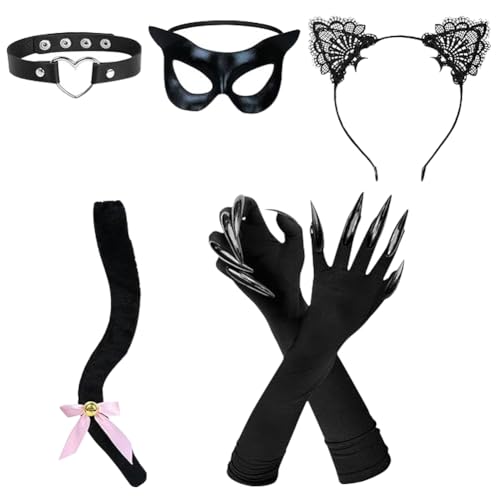 NIEEKRUN 5 Stück Katzenkostüm Damen, Katzenohren Haarreif Halskette Katze Schwanz Katzemask Handschuhe, Karneval Kostüm, Cosplay-Kostüm-Set für Damen, Halloween, Katze, Cosplay, Partyzubehör von NIEEKRUN