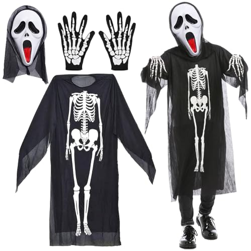 NIEEKRUN Halloween Skelett Kostüm 80cm, Skelett Kostüm Kinder, Halloween Kinder Kostüm, Skeleton Costume mit Totenkopf Maske und Skelett Handschuhe für Halloween Cosplay Karneval Horror Outfit ﻿ von NIEEKRUN