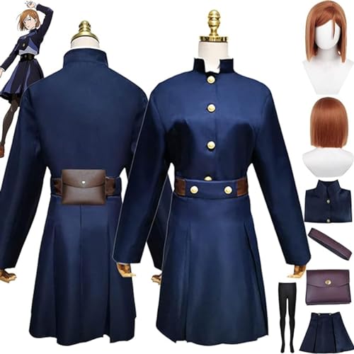Anime Charakter Kugisaki Nobara Uniform,Anime Jujutsu-Kaisen Cosplay Blau Uniform Hoodie Full Set Halloween Karneval Party Dress Up Anzug mit Perücke für Frauen Mädchen,Blau,XXL von NIKKHO