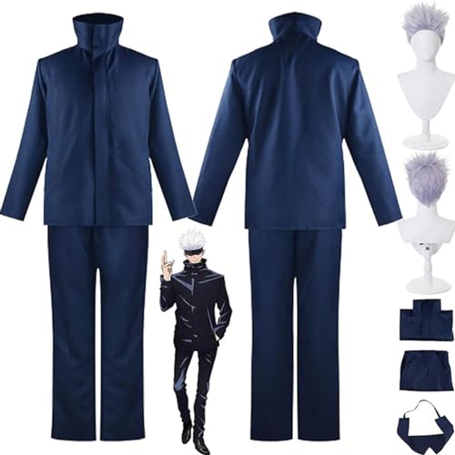 NIKKHO Anime Charakter Gojo Satoru Uniform,Anime Jujutsu-Kaisen Cosplay Blaue Uniform Hoodie Full Set Halloween Karneval Party Dress Up Anzug mit Perücke für Männer Jungen,Blau,3XL von NIKKHO