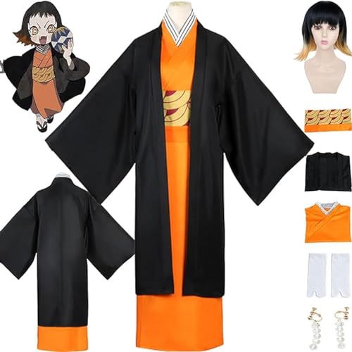 NIKKHO Anime Charakter Susamaru Cosplay Kostüm Outfit Dämon-Slayer Kimono Mantel Full Set Halloween Party Karneval Dress Up Anzug mit Perücke Ohrringe für Männer Frauen,Orange,M von NIKKHO