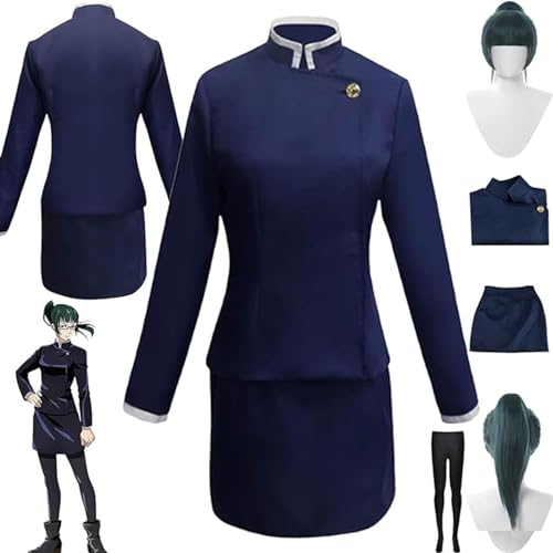 NIKKHO Anime Charakter Zenin Maki Uniform,Anime Jujutsu-Kaisen Cosplay Blaue Uniform Hoodie Full Set Halloween Karneval Party Dress Up Anzug mit Perücke für Frauen Mädchen,Blau,L von NIKKHO