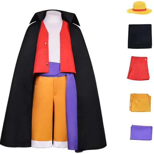 NIKKHO Anime One Piece Cosplay Kostüm Charakter Monkey D. Luffy Fancy Dress Uniform mit Hut,Anime Themed Luffy Halloween Dress Kimono,Multi colored,S von NIKKHO