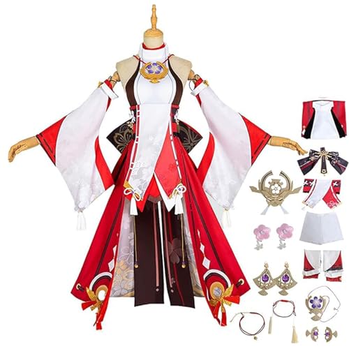 NIKKHO Game Genshin Yae Miko Cosplay Kostüm,Genshin Themed Yae Miko Halloween Full Set Maid Dress Kimono Cloak mit Zubehör, Yae Miko Cosplay Outfits Anzug Robe Lolita Kleid,Rot,XXL von NIKKHO