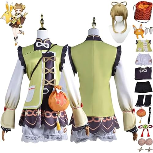 NIKKHO Grün,M,Genshin Impact Cosplay Kostüm Outfit, Spielcharaktere YaoYao Uniform Kleider Full Set Halloween Party Karneval Dress Up Anzug mit Perücke Knapsack Puppe für Mädchen von NIKKHO