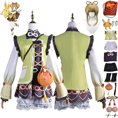 NIKKHO Grün,XS,Genshin Impact Cosplay Kostüm Outfit, Spielcharaktere YaoYao Uniform Kleider Full Set Halloween Party Karneval Dress Up Anzug mit Perücke Knapsack Puppe für Mädchen von NIKKHO