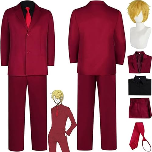 NIKKHO Rot,3XL,Anime One Piece Cosplay Kostüm,Spiel Charakter Wano Land Sanji Fancy Dress Uniform Anzug mit Perücke,Halloween Maskerade Rot Uniform Kleid Kimono für Männer Jungen von NIKKHO