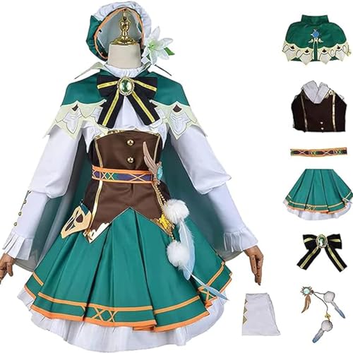 NIKKHO Spiel Genshin Impact Venti Cosplay Kostüm,Genshin Themed Venti Halloween Full Set Maid Dress Kimono Cloak mit Zubehör, Venti Cosplay Outfits Anzug Robe Lolita Kleid,Grün,3XL von NIKKHO