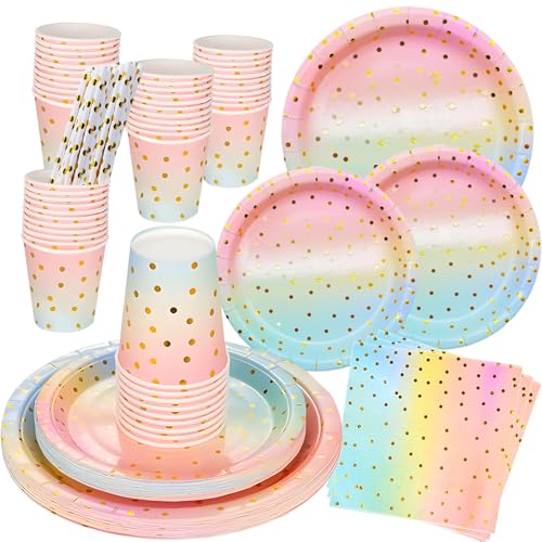 NINGESHOP 200Stück Partygeschirr Kindergeburtstag, Regenbogen Partyzubehör Pappteller Set, Wiederverwendbar Papier Geschirr Set mit Teller Becher Servietten Strohhalme Holz Gabellöffel - 25 Gäste von NINGESHOP