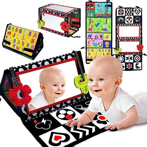 NINGESHOP Baby Spielzeug 0-9 Monate, Faltbarer Baby Spiegel Spielzeug mit Knisterbuch Entwickelt, Bauchlage Spielzeug Baby, die sensorische Entwicklung für Neugeborene Baby ab 3 Monate von NINGESHOP