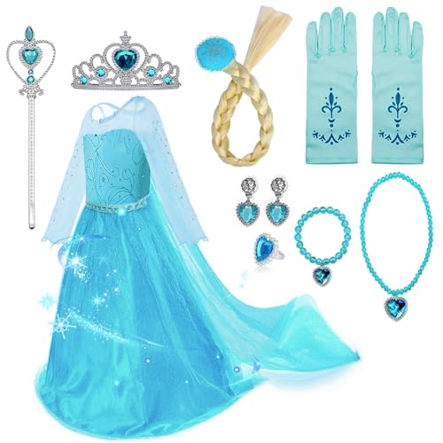 NINGESHOP Elsa Déguisement, Robe Elsa Enfant de Princesse, Costume Princesse avec Accessoires de Baguette Magique Princesse Couronne Pour Anniversaire Cosplay Fête De Mariage, 130cm von NINGESHOP