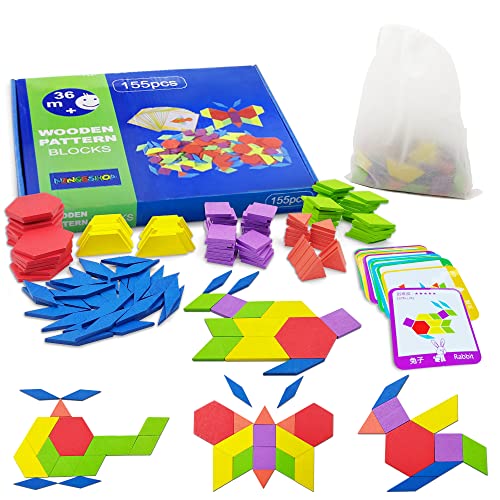 NINGESHOP Kinder Geometrische Formen HolzPuzzles, 155 Teile Bausteine Montessori Spielzeug Puzzle und 24 Designkarten Geeignet für 3 4 5 6 jährige Kinder Pädagogisches Spielzeug von NINGESHOP